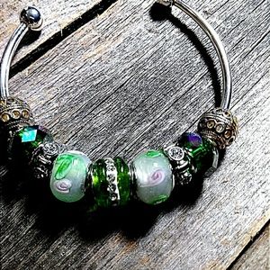 Silver bangle bracelet with beads